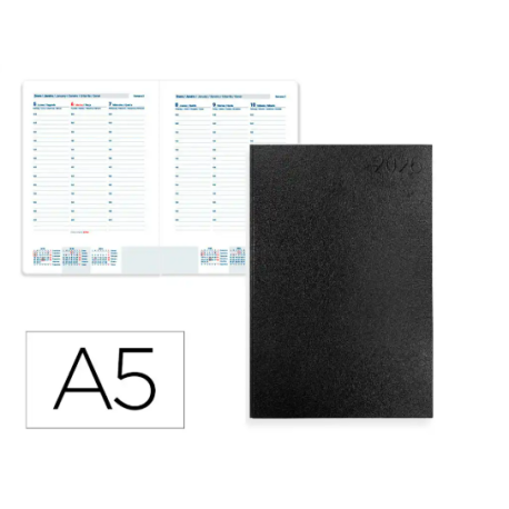 AGENDA ENCUADERNADA LIDERPAPEL CORFU A5 2026 SEMANA VISTA NEGRO PAPEL 60 GR