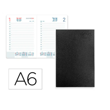 AGENDA ENCUADERNADA LIDERPAPEL CORFU A6 2026 DIA PAGINA NEGRO PAPEL 60 GR