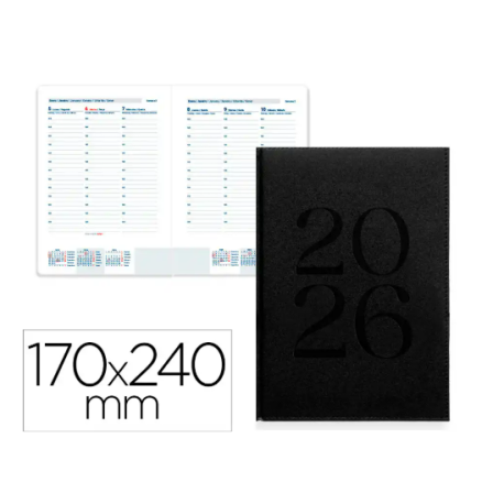 AGENDA ENCUADERNADA LIDERPAPEL CRETA 170X240 MM 2026 SEMANA VISTA NEGRO PAPEL 70 GR