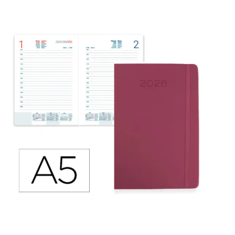 AGENDA ENCUADERNADA LIDERPAPEL MYKONOS 150X210 MM 2026 DIA PAGINA GRANATE PAPEL 70 GR FSC