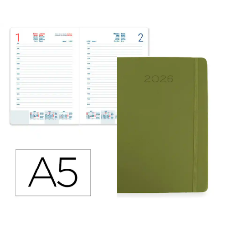 AGENDA ENCUADERNADA LIDERPAPEL MYKONOS 150X210 MM 2026 DIA PAGINA VERDE PAPEL 70 GR FSC