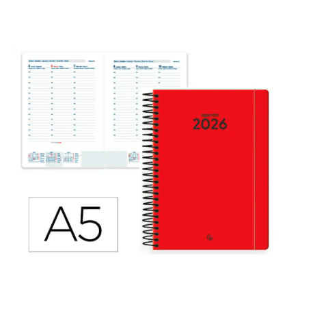 AGENDA ESPIRAL LIDERPAPEL CLASSIC A5 2026 SEMANA VISTA ROJO PAPEL 70 GR FSC