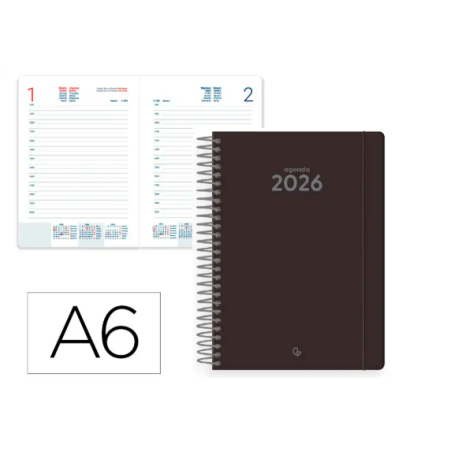 AGENDA ESPIRAL LIDERPAPEL CLASSIC A6 2026 DIA PAGINA NEGRO PAPEL 70 GR FSC