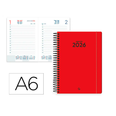 AGENDA ESPIRAL LIDERPAPEL CLASSIC A6 2026 DIA PAGINA ROJO PAPEL 70 GR FSC