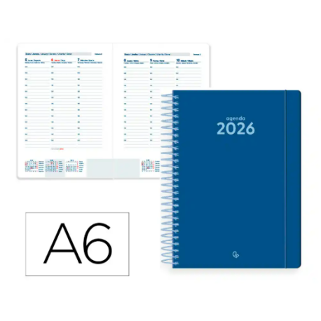 AGENDA ESPIRAL LIDERPAPEL CLASSIC A6 2026 SEMANA VISTA AZUL OSUCURO PAPEL 70 GR FSC