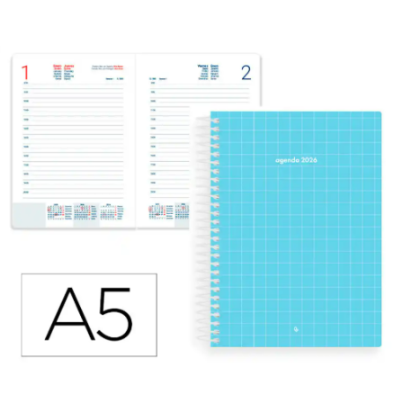 AGENDA ESPIRAL LIDERPAPEL GAZI A5 2026 DIA PAGINA AZUL CLARO PAPEL 70 GR FSC