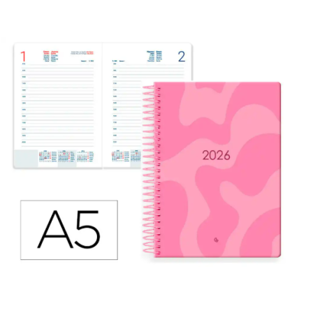 AGENDA ESPIRAL LIDERPAPEL SYROS 150X210 MM 2026 DIA PAGINA ROSA PAPEL 60 GR FSC