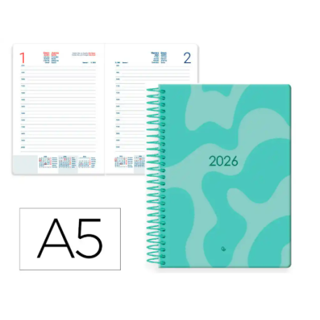 AGENDA ESPIRAL LIDERPAPEL SYROS 150X210 MM 2026 DIA PAGINA TURQUESA PAPEL 60 GR FSC