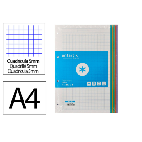 RECAMBIO A4 ANTARTIK 80 HOJAS 90G/M2 CUADRO 5 MM 4 TALADROS BANDAS DE 5 COLORES PASTELES