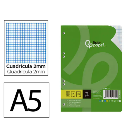 RECAMBIO LIDERPAPEL DIN A5 100 HOJAS 75 GR MILIMETRADO SIN MARGEN 6 TALADROS