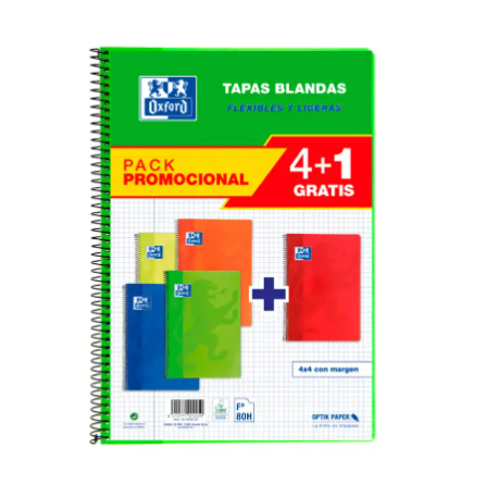 BLOC ESPIRAL OXFORD TAPA BLANDA FOLIO 80 HOJAS 90GR CUADRO 4 MM COLORES VIVOS PACK DE 4+1