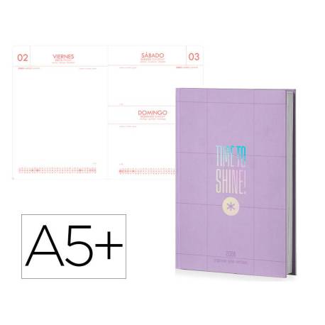 AGENDA ENCUADERNADA ANTARTIK TIME TO SHINE A5+ 2026 DÍA PÁGINA MORADO PAPEL 80G FSC