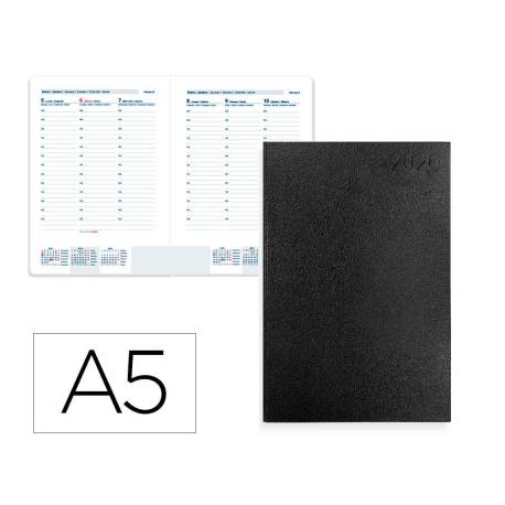 AGENDA ENCUADERNADA LIDERPAPEL CORFU A5 2026 SEMANA VISTA NEGRO PAPEL 60 GR