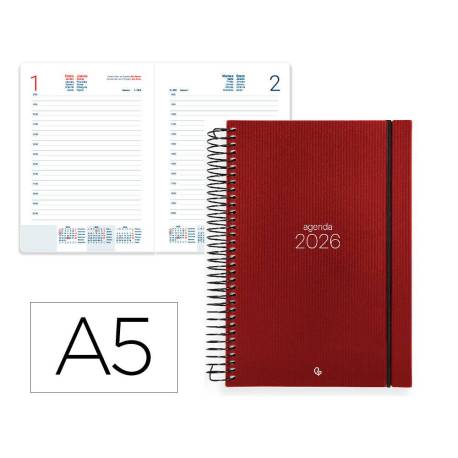 AGENDA ESPIRAL LIDERPAPEL OLBIA A5 2026 DIA PAGINA ROJO PAPEL 60 GR FSC