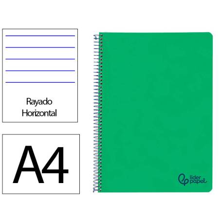 CUADERNO ESPIRAL LIDERPAPEL A4 WONDER TAPA PLASTICO 80H 90GR RAYADO HORIZONTAL CON MARGEN COLOR VERDE OSCURO
