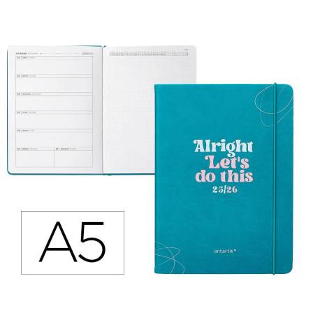 AGENDA ESCOLAR ANTARTIK 25-26 ENCUADERNADA GO! SIMIL PIEL VERDE SEMANA VISTA A5 BILINGÜE PAPEL FSC 80 GR