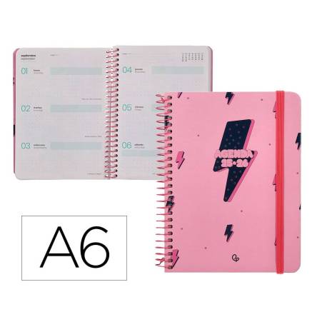 AGENDA ESCOLAR LIDERPAPEL 25-26 ESPIRAL PATTERNS RAYOS ROSA SEMANA VISTA A6 BILINGÜE PAPEL FSC 80 GR