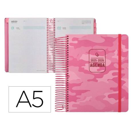 AGENDA ESCOLAR LIDERPAPEL 25-26 ESPIRAL PATTERNS MILITAR ROSA DIA PAGINA A5 BILINGÜE PAPEL FSC 80 GR