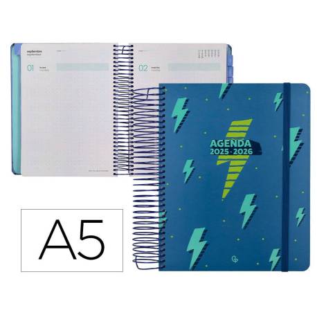 AGENDA ESCOLAR LIDERPAPEL 25-26 ESPIRAL PATTERNS RAYOS AZUL DIA PAGINA A5 BILINGÜE PAPEL FSC 80 GR