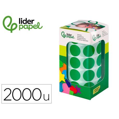 GOMETS LIDERPAPEL AUTOADHESIVO S CIRCULOS 20 MM VERDE ROLLO DE 2000 UNIDADES EN CAJA DE CARTON