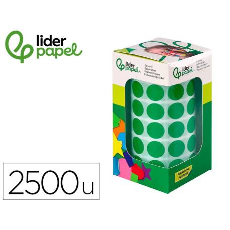GOMETS LIDERPAPEL AUTOADHESIVO S CIRCULOS 15 MM VERDE ROLLO DE 2500 UNIDADES EN CAJA DE CARTON