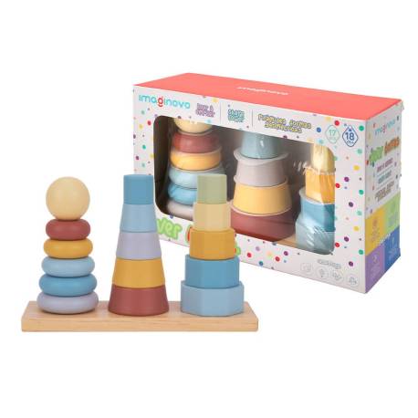 JUEGO INFANTIL IMAGINOVO MADERA TORRE DE FORMAS APILABLES +18 MESES 17 PIEZAS 28X20X9CM