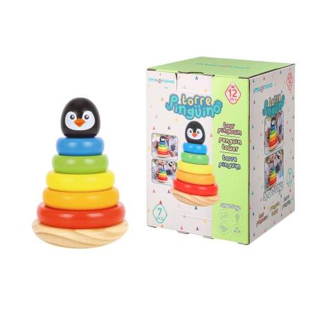 JUEGO INFANTIL IMAGINOVO MADERA FORMA DE PINGUINO TORRE DE FORMAS APILABLES +12 MESES 7 PIEZAS 18X12X12CM
