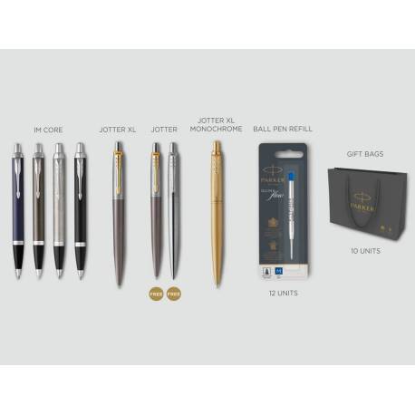 LOTE PARKER NAVIDAD 2025 CONTENIDO 4 PARKER IM CORE+2 JOTTER XL+12 RECAMBIOS+REGALO:2 JOTTER CORE REGALO+10 BOLSAS