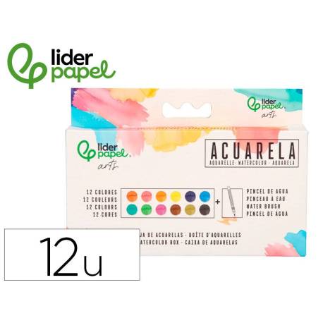ACUARELA LIDERPAPEL 12 COLORES CON PINCEL DE AGUA RELLENABLE ESTUCHE DE PLASTICO