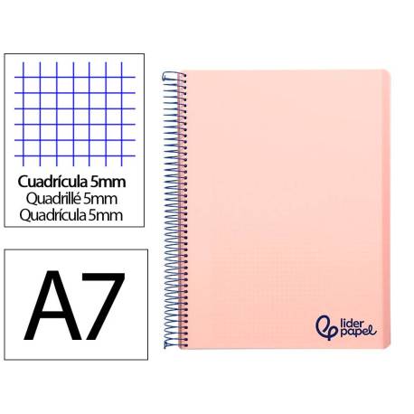 CUADERNO ESPIRAL LIDERPAPEL A7 MICRO WONDER TAPA PLASTICO 100H 90 GR CUADRO 5MM 4 BANDAS COLOR ROSA