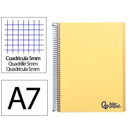 CUADERNO ESPIRAL LIDERPAPEL A7 MICRO WONDER TAPA PLASTICO 100H 90 GR CUADRO 5MM 4 BANDAS COLOR AMARILLO