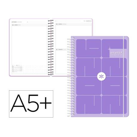 AGENDA ESCOLAR ANTARTIK 26-27 ESPIRAL ESSENTIALS DIA PAGINA A5+ BILINGUE 80G PAPEL FSC MORADO