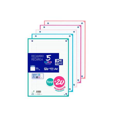 RECAMBIO OXFORD DIN A4 100 HOJAS + 20 HOJAS GRATIS 90GR HORIZONTAL 4 TALADROS CON BANDA COLORES PASTEL