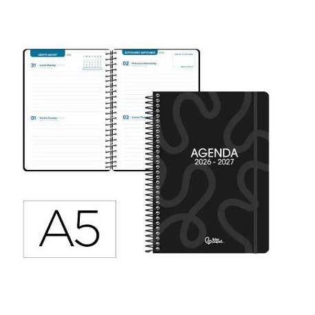 AGENDA ESCOLAR LIDERPAPEL 26-27 ESPIRAL CLASSIC 2 DIAS PAGINA A5 BILINGUE 70G PAPEL FSC NEGRO