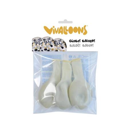 GLOBO 100% LATEX BIODEGRADABLE VIVALLOONS CON COFETTI METALIZADO ORO/NEGRO BOLSA DE 5 UNIDADES