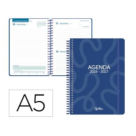 AGENDA ESCOLAR LIDERPAPEL 26-27 ESPIRAL CLASSIC DIA PAGINA A5 BILINGUE 70G PAPEL FSC AZUL MARINO
