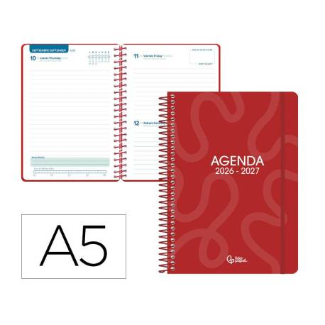AGENDA ESCOLAR LIDERPAPEL 26-27 ESPIRAL CLASSIC DIA PAGINA A5 BILINGUE 70G PAPEL FSC ROJO