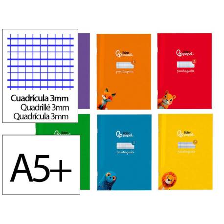 LIBRETA LIDERPAPEL PAUTAGUIA TAPA CARTONCILLO 32H DIN A5+ 75GR CUADRICULADO PAUTADO 3MM CON MARGEN 6 COLORES SURTIDOS