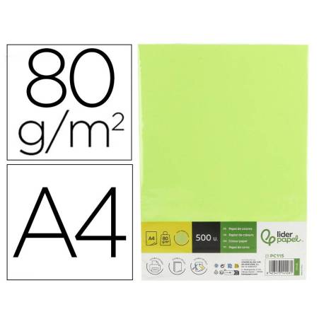 PAPEL COLOR LIDERPAPEL DIN A4 80 GR VERDE NEON PAQUETE DE 500 HOJAS