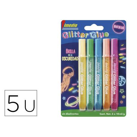 PEGAMENTO IMEDIO GLITTER GLUE BRILLA EN LA OSCURIDAD PARA MANUALIDADES 10 ML BLISTER DE 5 UNIDADES COLORES SURTIDOS