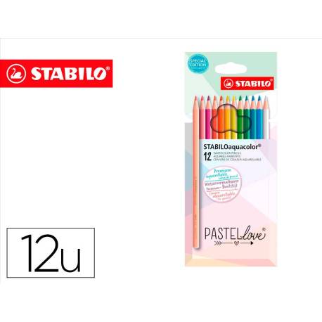 LAPICES DE COLORES STABILO AQUACOLOR ACUARELABLES PASTEL LOVE ESTUCHE CARTON DE 12 COLORES SURTIDOS