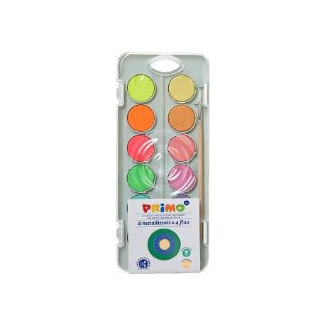 ACUARELA PRIMO 8 COLORES METAL + 4 COLORES NEON CON PINCEL Y PALETA DE MEZCLA ESTUCHE DE PLASTICO