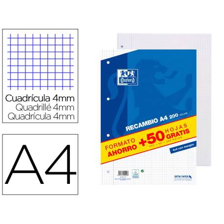 Recambio Oxfod DIN A4 4 taladros 90 gr cuadrícula 4mm