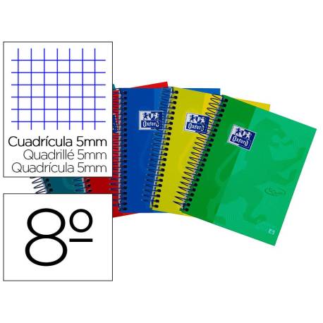 Bloc espiral Oxford Ebook tamaño 8º cuadricula 5mm 120 hojas tapa extradura colores surtidos