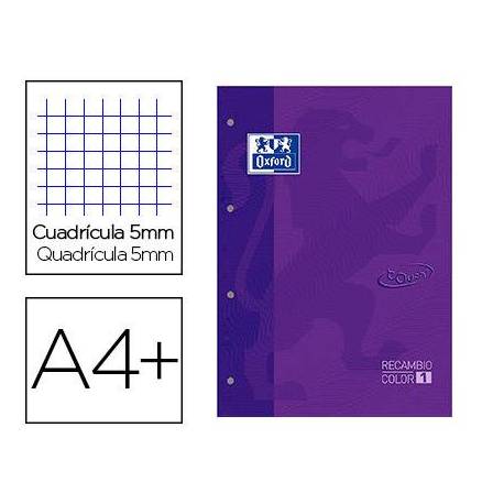 Recambio color 1 oxford din a4+ 80 hojas 90 gr cuadricula 5 mm tapa blanda 4 taladros lila touch.