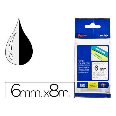 Cinta Brother TZE-111 6mm (ancho) x 8m (largo) laminada transparente/negro