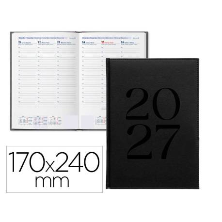AGENDA OFICINA LIDERPAPEL 2027 ENCUADERNADA CRETA SEMANA VISTA 170X240 MM BILINGUE 70G PAPEL FSC BLACK