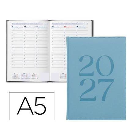 AGENDA OFICINA LIDERPAPEL 2027 ENCUADERNADA CRETA SEMANA VISTA A5 BILINGUE 70G PAPEL FSC LIGHT BLUE