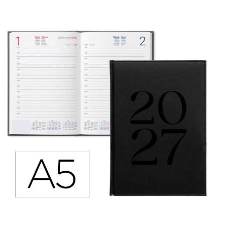 AGENDA OFICINA LIDERPAPEL 2027 ENCUADERNADA CRETA DIA PAGINA A5 BILINGUE 70G PAPEL FSC BLACK