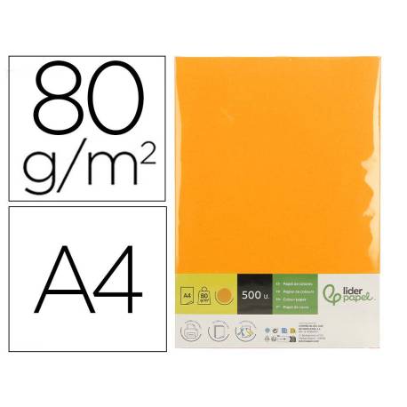 PAPEL COLOR LIDERPAPEL DIN A4 80 GR NARANJA NEON PAQUETE DE 500 HOJAS